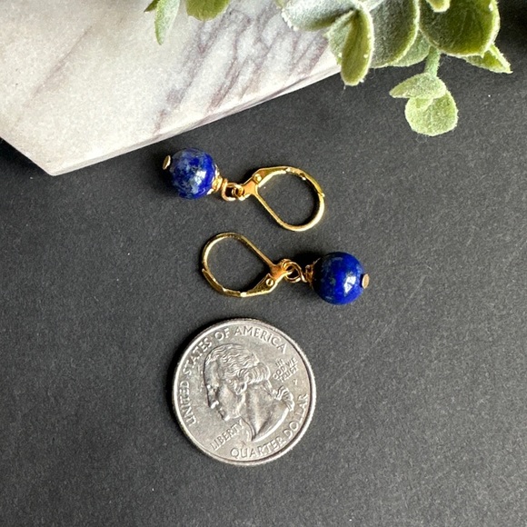 Lapis Lazuli Earrings Gold Dangle Blue Stone Lever back - Picture 5 of 5
